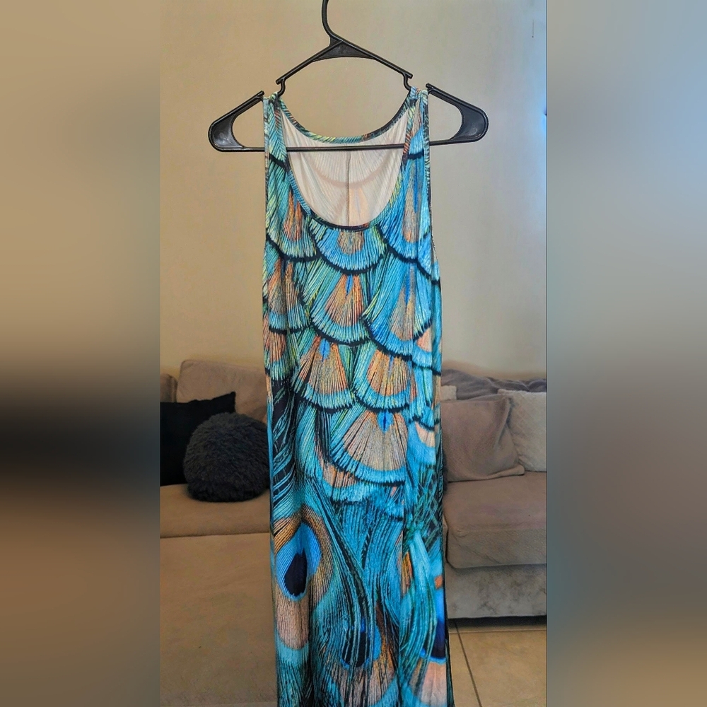 XL Peacock Feather Print Maxi Dress